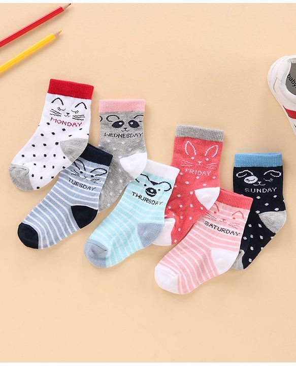 Cute Walk by Babyhug Ankle Length Anti-Bacterial Socks Stripes & Dot Design Pack of 7 - Multicolor