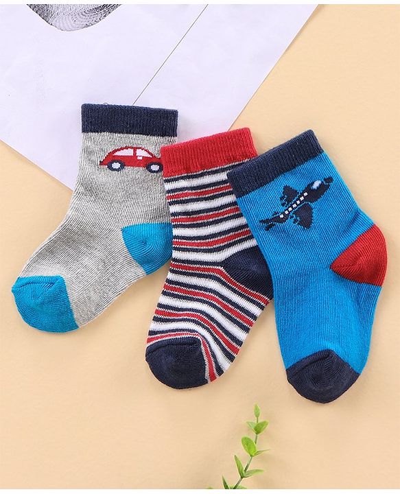 Cute Walk by Babyhug Ankle Length Antibacterial Socks Car Aeroplane And Stripe Design Pack Of 3 - Blue Red Grey