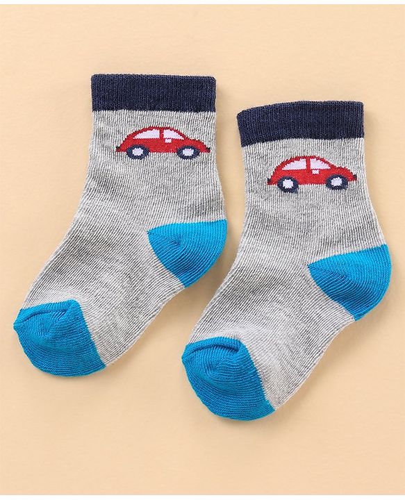 Cute Walk by Babyhug Ankle Length Antibacterial Socks Car Aeroplane And Stripe Design Pack Of 3 - Blue Red Grey