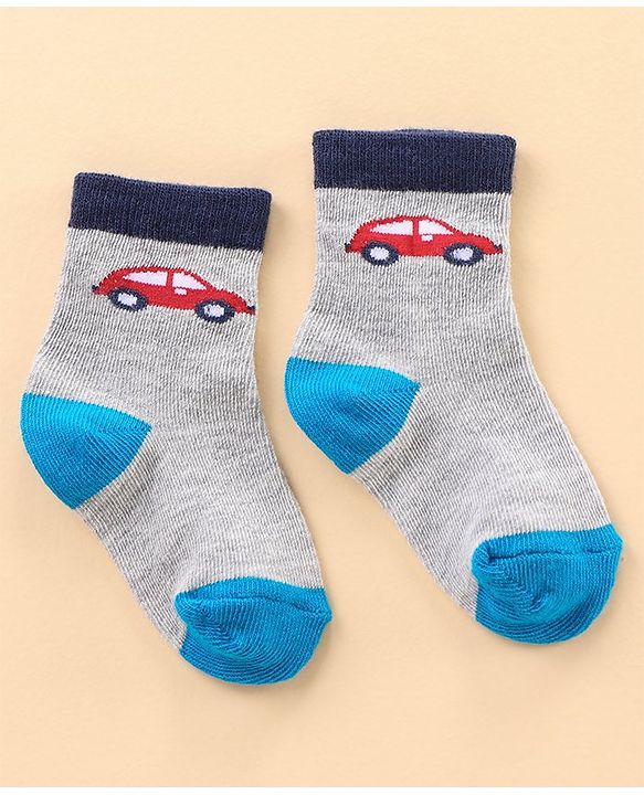 Cute Walk by Babyhug Ankle Length Antibacterial Socks Car Aeroplane And Stripe Design Pack Of 3 - Blue Red Grey