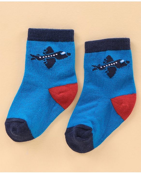 Cute Walk by Babyhug Ankle Length Antibacterial Socks Car Aeroplane And Stripe Design Pack Of 3 - Blue Red Grey