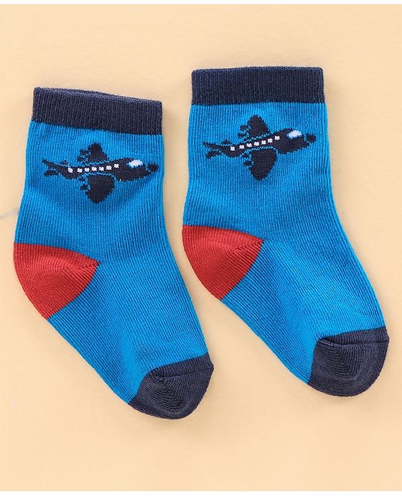 Cute Walk by Babyhug Ankle Length Antibacterial Socks Car Aeroplane And Stripe Design Pack Of 3 - Blue Red Grey