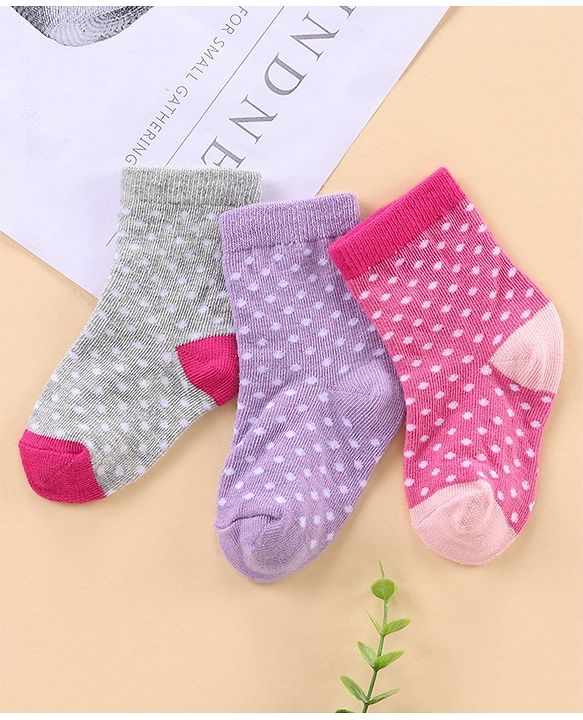 Cute Walk by Babyhug Ankle Length Antibacterial Socks Polka Dot Design Pack Of 3 - Pink Grey Violet