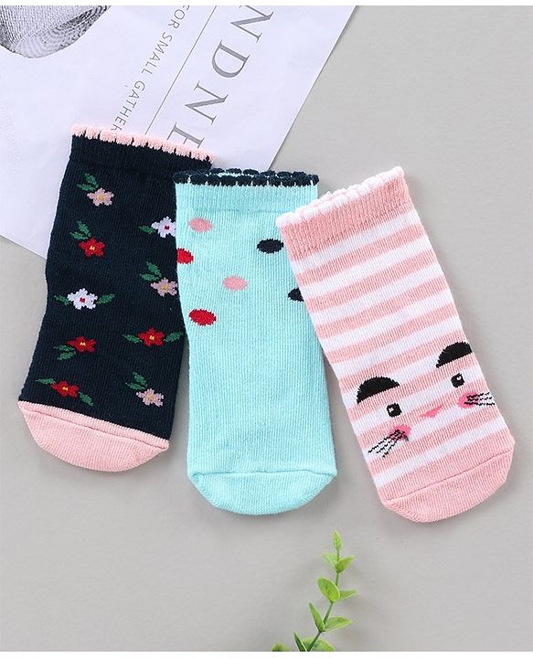 Cute Walk by Babyhug Ankle Length Antibacterial Socks Floral Dot And Stripe Design Pack Of 3 - Pink Blue