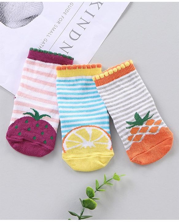 Cute Walk by Babyhug Ankle Length Antibacterial Socks Stripes And Fruit Design Pack Of 3 - Multicolor