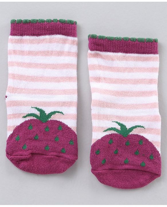 Cute Walk by Babyhug Ankle Length Antibacterial Socks Stripes And Fruit Design Pack Of 3 - Multicolor