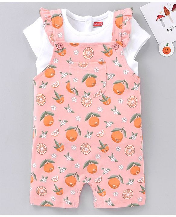 Babyhug Cotton Short Sleeves T-Shirt With Dungaree Orange Print- White Peach
