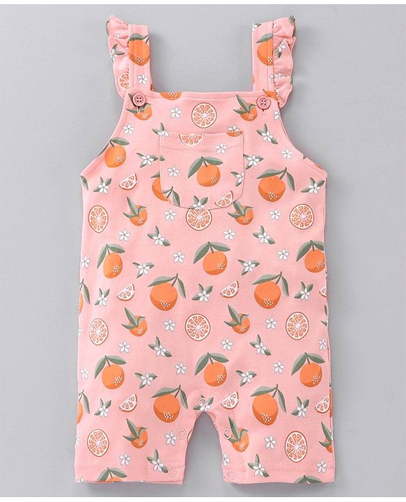 Babyhug Cotton Short Sleeves T-Shirt With Dungaree Orange Print- White Peach