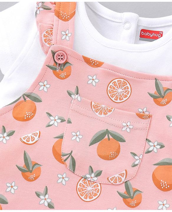 Babyhug Cotton Short Sleeves T-Shirt With Dungaree Orange Print- White Peach