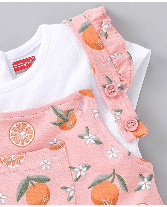 Babyhug Cotton Short Sleeves T-Shirt With Dungaree Orange Print- White Peach