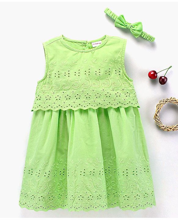 Babyhug Sleeveless Frock With Headband Schiffli Design - Green