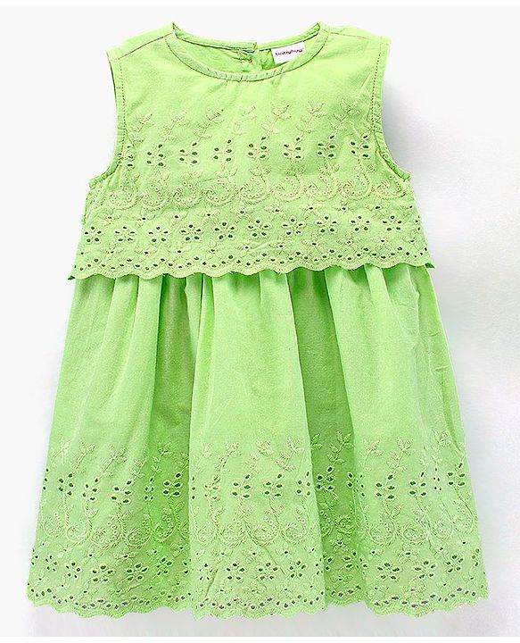 Babyhug Sleeveless Frock With Headband Schiffli Design - Green