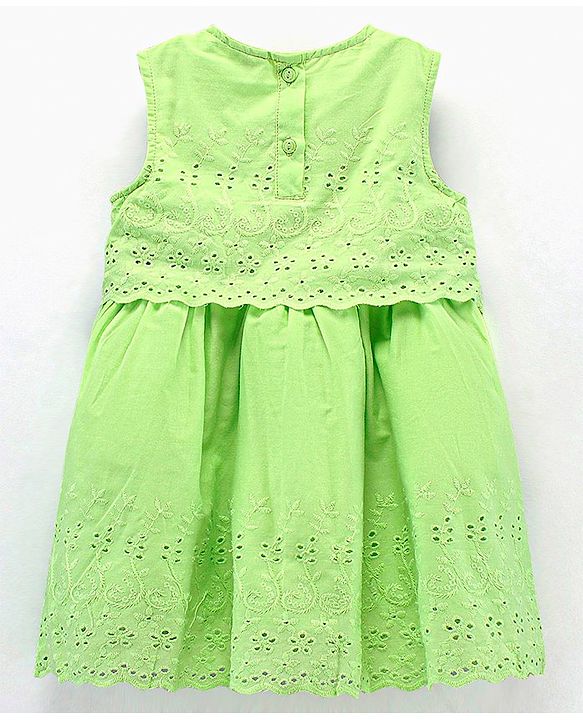 Babyhug Sleeveless Frock With Headband Schiffli Design - Green