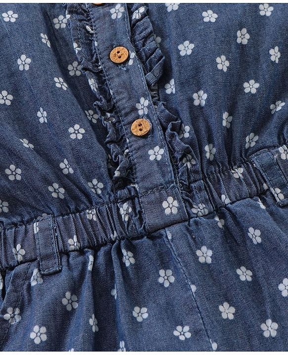 Babyhug Sleeveless Denim Jumpsuit Floral Print- Blue