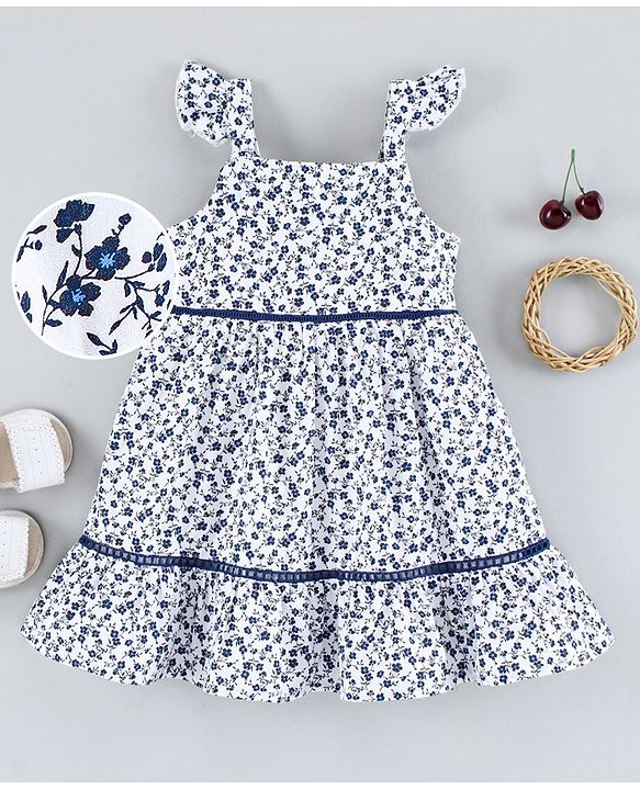 Babyhug Flutter Sleeves Tiered Frock Floral Print - White Blue