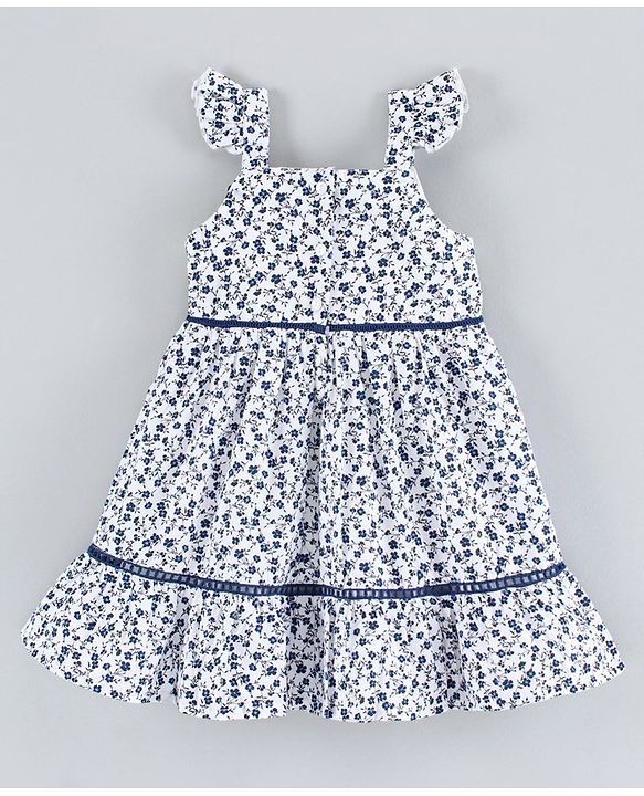 Babyhug Flutter Sleeves Tiered Frock Floral Print - White Blue