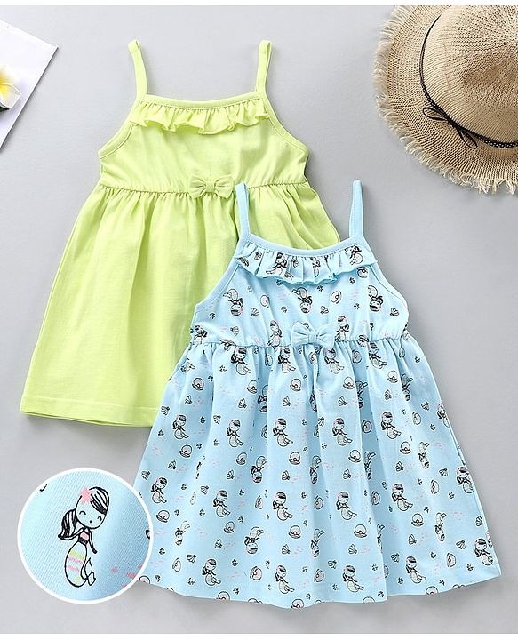 Babyhug Sleeveless Knee Length 100% Cotton Frock Pack of 2 - Green Blue