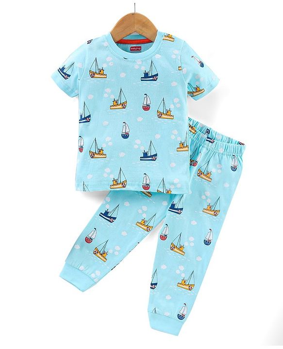 Babyhug Half Sleeves T-Shirt & Pyjama Set Yacht Print - Blue