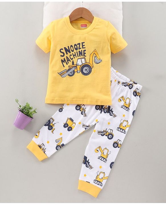 Babyhug Half Sleeves T-Shirt & Pyjama Set Construction Vehicle Print - Yellow White