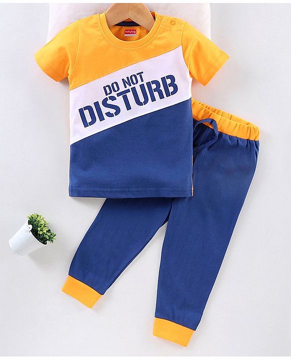 Babyhug Half Sleeves Tee & Pyjama Set Text Print - Yellow Blue