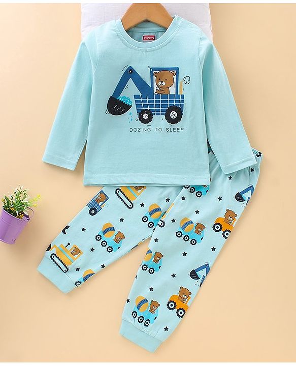 Babyhug Full Sleeves Pyjama Set Bear & Crane Print - Blue