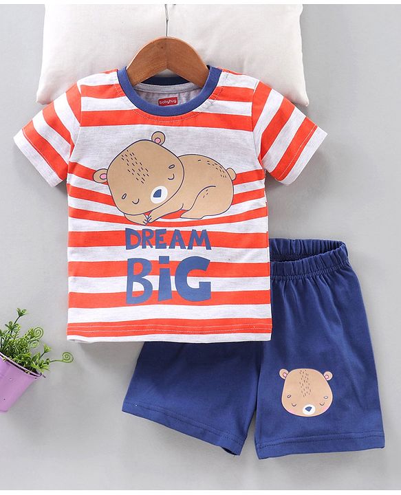 Babyhug Half Sleeves T-Shirt & Shorts Set Bear & Stripes Print - Red Blue