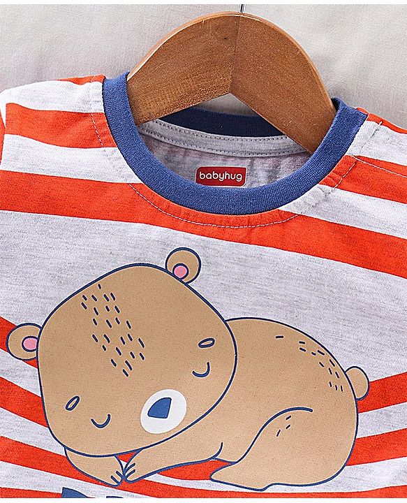 Babyhug Half Sleeves T-Shirt & Shorts Set Bear & Stripes Print - Red Blue