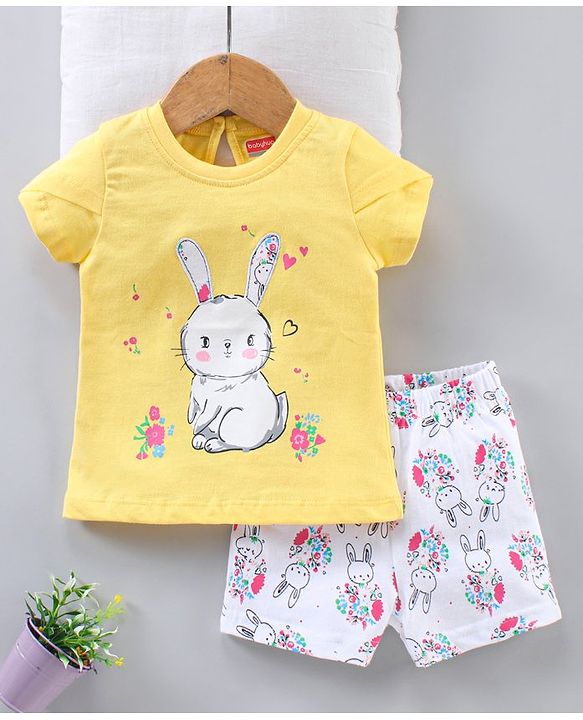 Babyhug Half Sleeves Cotton Night Suit Bunny Print - Yellow White