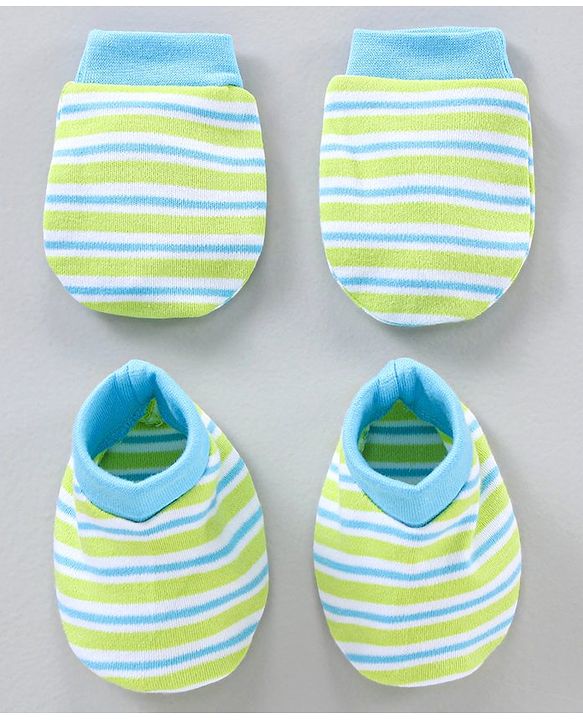 Babyhug Cotton Mittens & Booties Set Striped - Blue Green