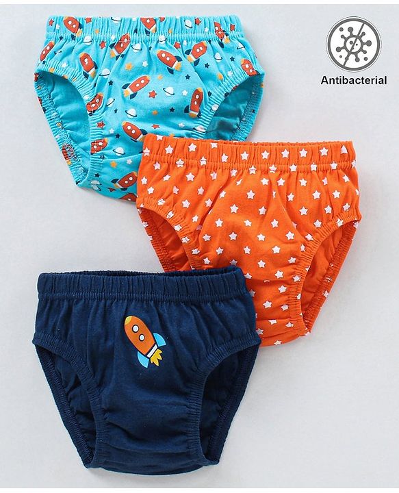 Babyhug Antibacterial Cotton Briefs Rocket And Star Print Pack Of 3 - Blue Orange