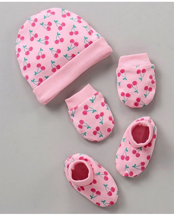 Babyhug 100% Cotton Cap Mittens & Booties Set Cherry Print Pink - Diameter 12 cm