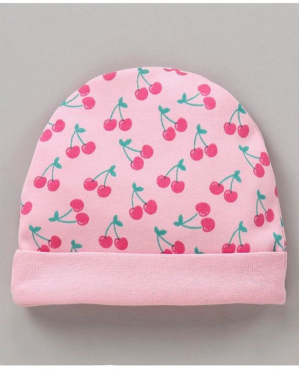 Babyhug 100% Cotton Cap Mittens & Booties Set Cherry Print Pink - Diameter 12 cm