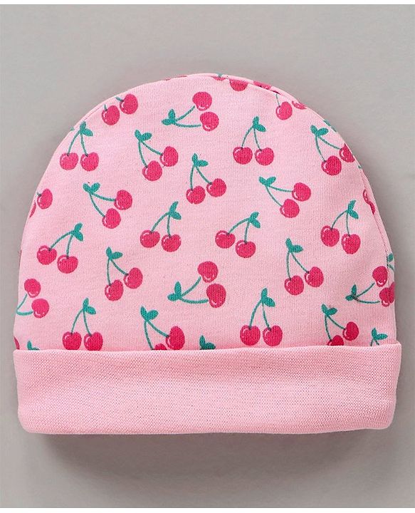 Babyhug 100% Cotton Cap Mittens & Booties Set Cherry Print Pink - Diameter 12 cm