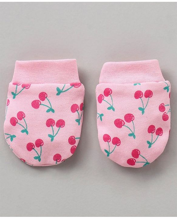 Babyhug 100% Cotton Cap Mittens & Booties Set Cherry Print Pink - Diameter 12 cm