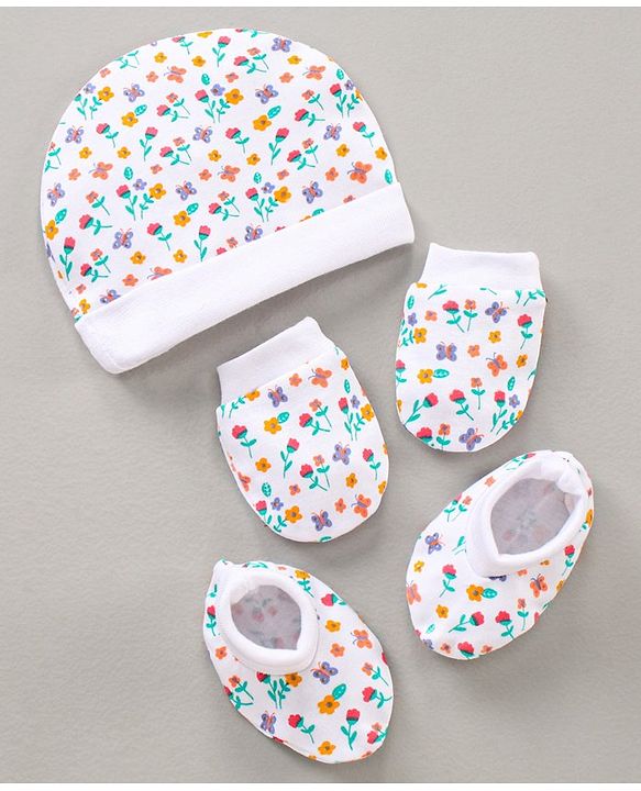 Babyhug 100% Cotton Cap Mitten & Booties Set Floral Print - White