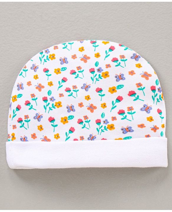 Babyhug 100% Cotton Cap Mitten & Booties Set Floral Print - White
