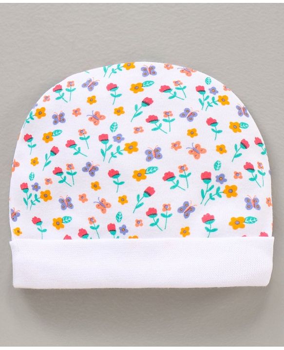 Babyhug 100% Cotton Cap Mitten & Booties Set Floral Print - White