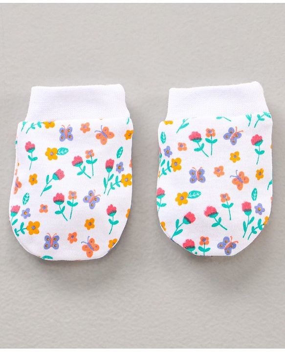 Babyhug 100% Cotton Cap Mitten & Booties Set Floral Print - White