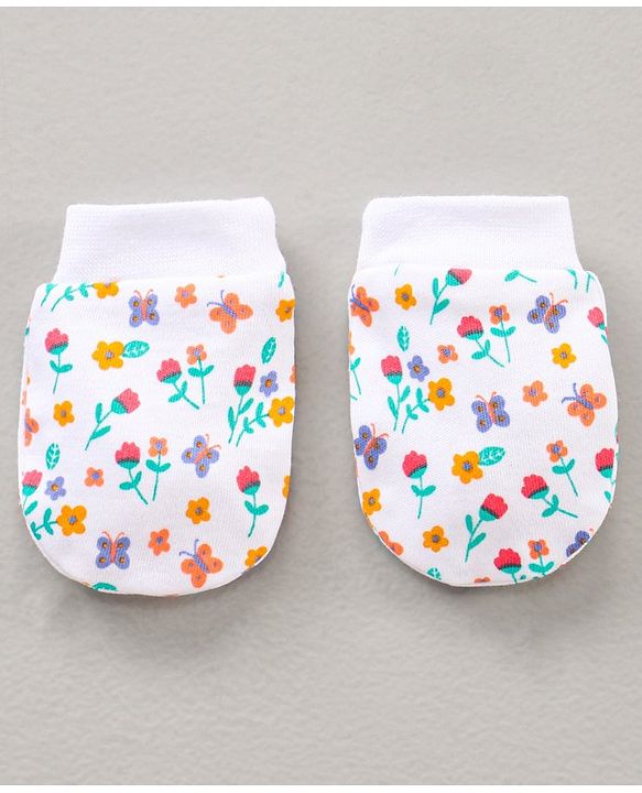 Babyhug 100% Cotton Cap Mitten & Booties Set Floral Print - White