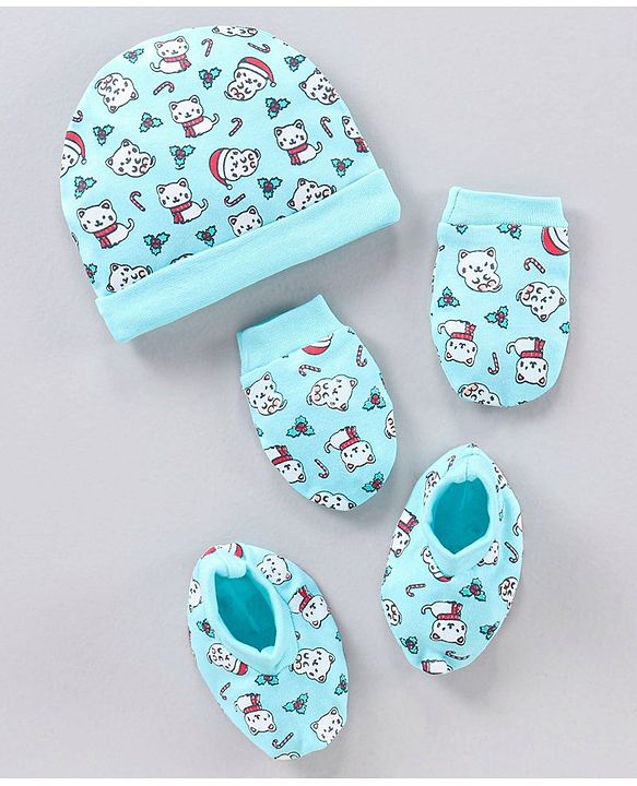 Babyhug 100% Cotton Cap Mitten & Booties set Blue - Diameter 12 cm