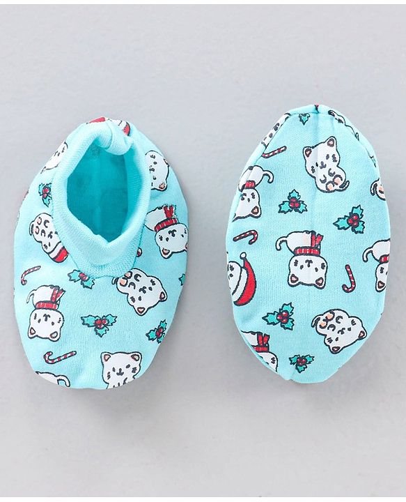 Babyhug 100% Cotton Cap Mitten & Booties set Blue - Diameter 12 cm