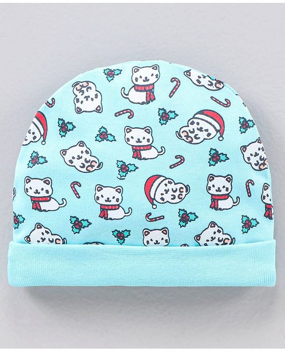 Babyhug 100% Cotton Cap Mitten & Booties set Blue - Diameter 12 cm