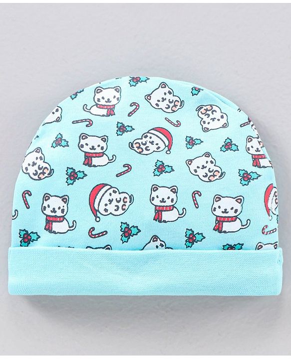 Babyhug 100% Cotton Cap Mitten & Booties set Blue - Diameter 12 cm