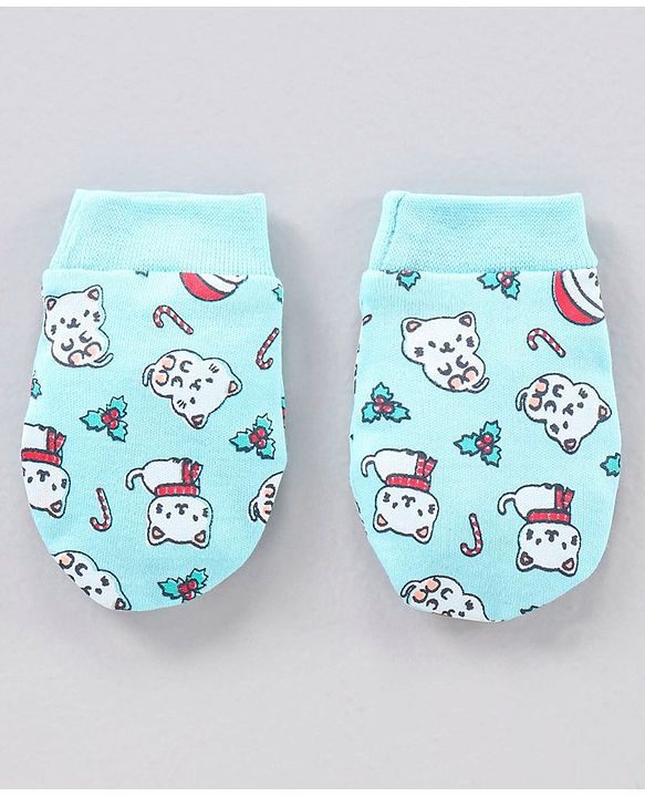 Babyhug 100% Cotton Cap Mitten & Booties set Blue - Diameter 12 cm