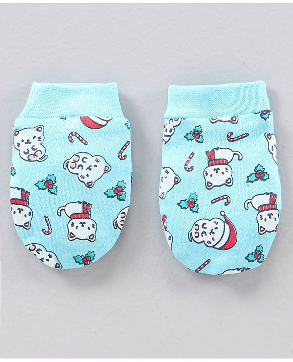 Babyhug 100% Cotton Cap Mitten & Booties set Blue - Diameter 12 cm