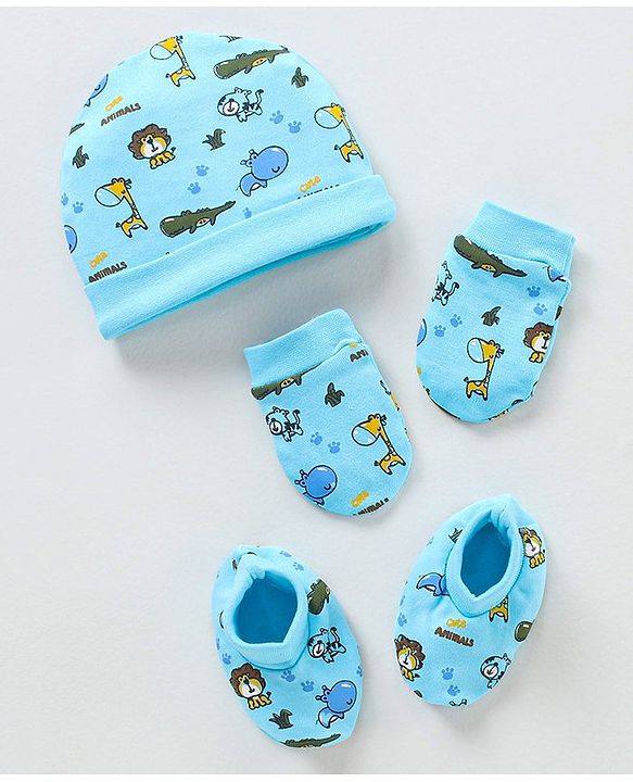 Babyhug 100% Cotton Printed Cap Mittens & Booties Set - Blue