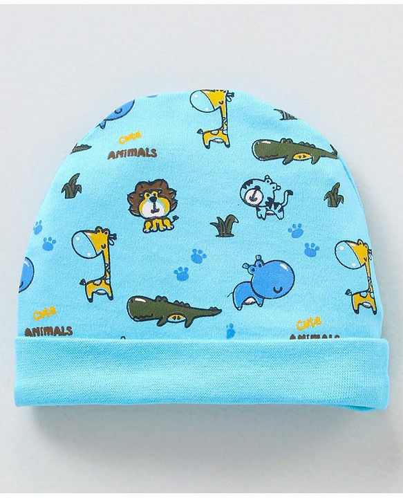 Babyhug 100% Cotton Printed Cap Mittens & Booties Set - Blue