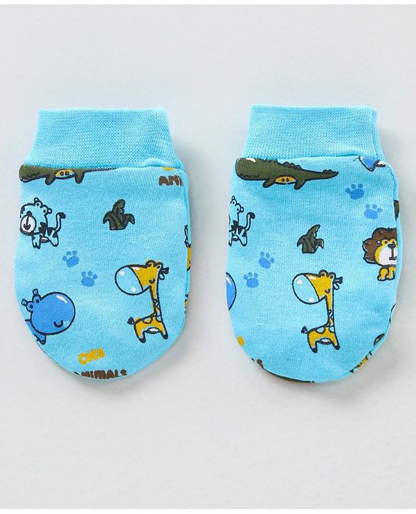 Babyhug 100% Cotton Printed Cap Mittens & Booties Set - Blue