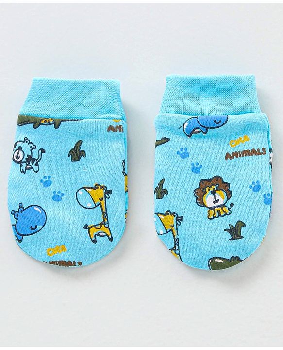 Babyhug 100% Cotton Printed Cap Mittens & Booties Set - Blue