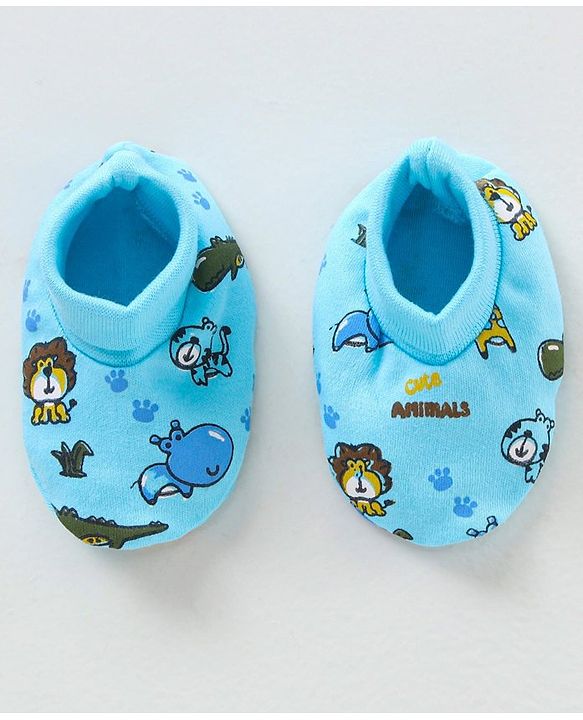 Babyhug 100% Cotton Printed Cap Mittens & Booties Set - Blue